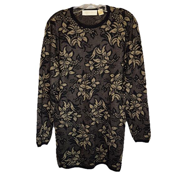 Dana Buchman Small Wool + Rayon Black & Gold Floral Pullover Sweater - Picture 1 of 9
